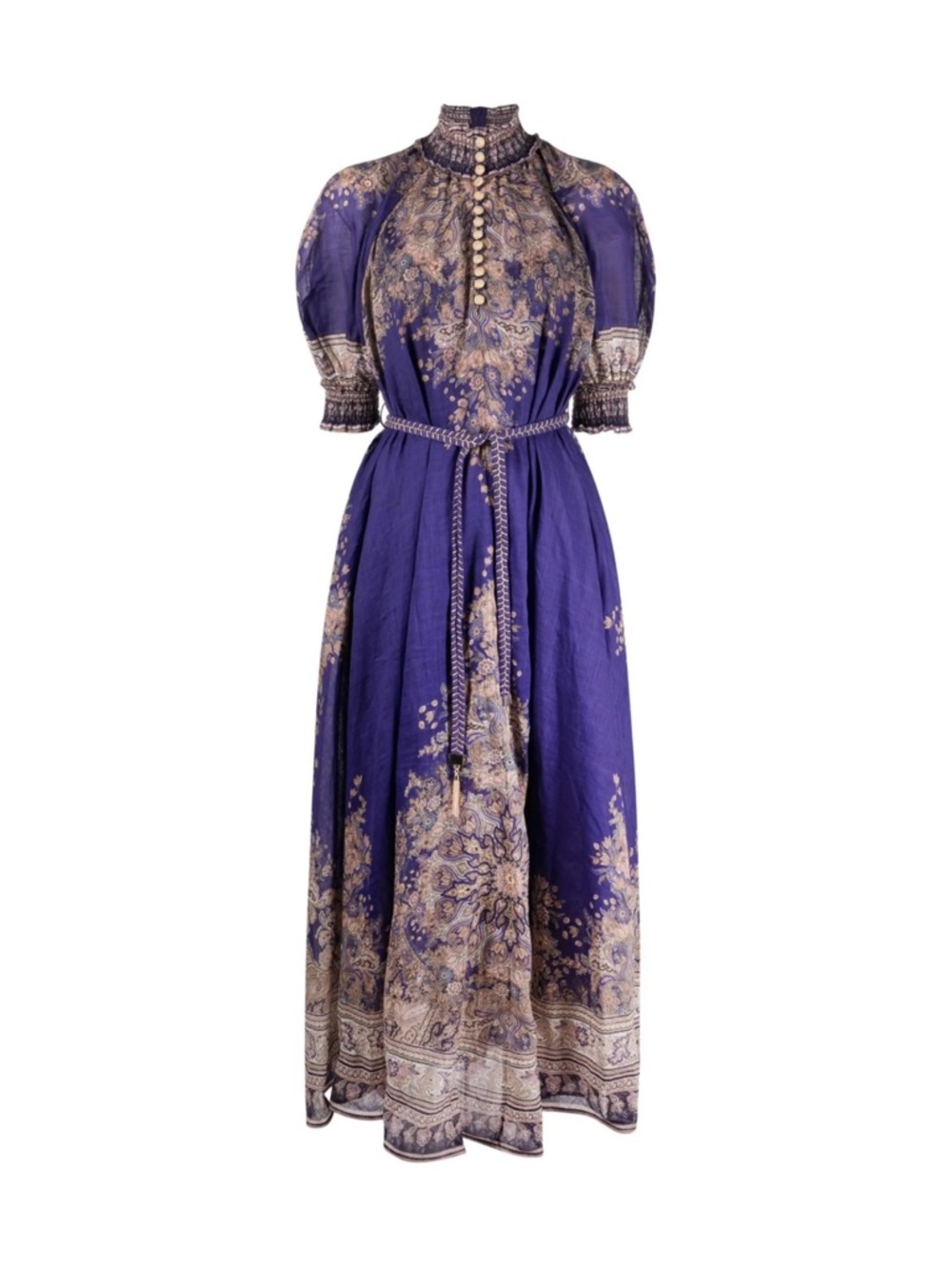 Zimmermann Purple Paisley High-Neck Braided-Waist Maxi Dress